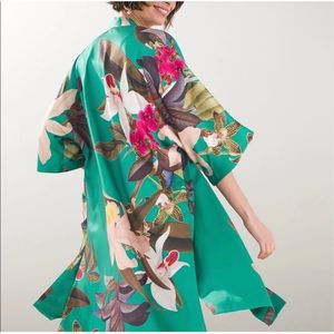 Chico’s Size Large/XL emerald green lined floral kimono duster